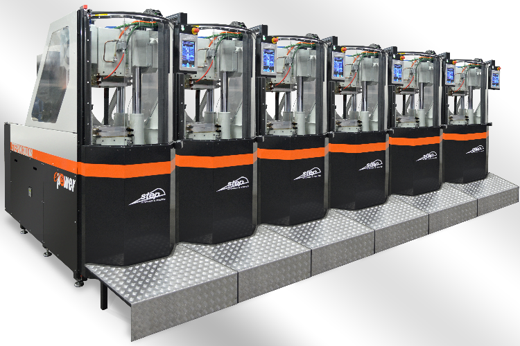 E-POWER 300 presses lined up side by side: compact modular layout with no side access