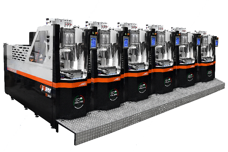 E-POWER B300 presses lined up side by side: compact modular layout with no side access